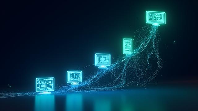 Image representing online digital expansion, with network lines and screens.