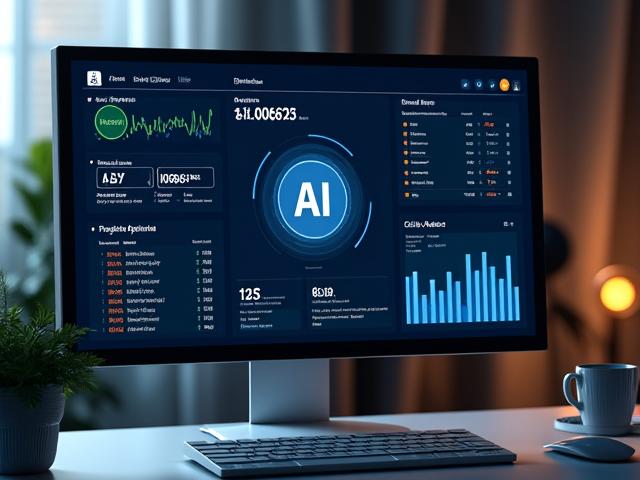 A sleek, futuristic dashboard display with real-time system health metrics, graphs, and a prominent 'AI Status: Optimal' indicator.