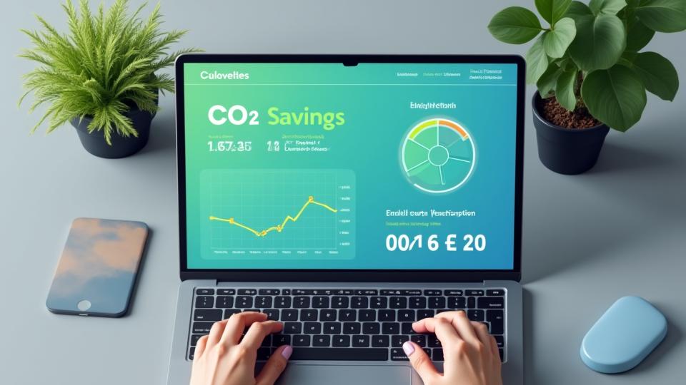 A sleek digital dashboard displaying environmental metrics like CO2 savings and recycled materials, with a green leaf icon.