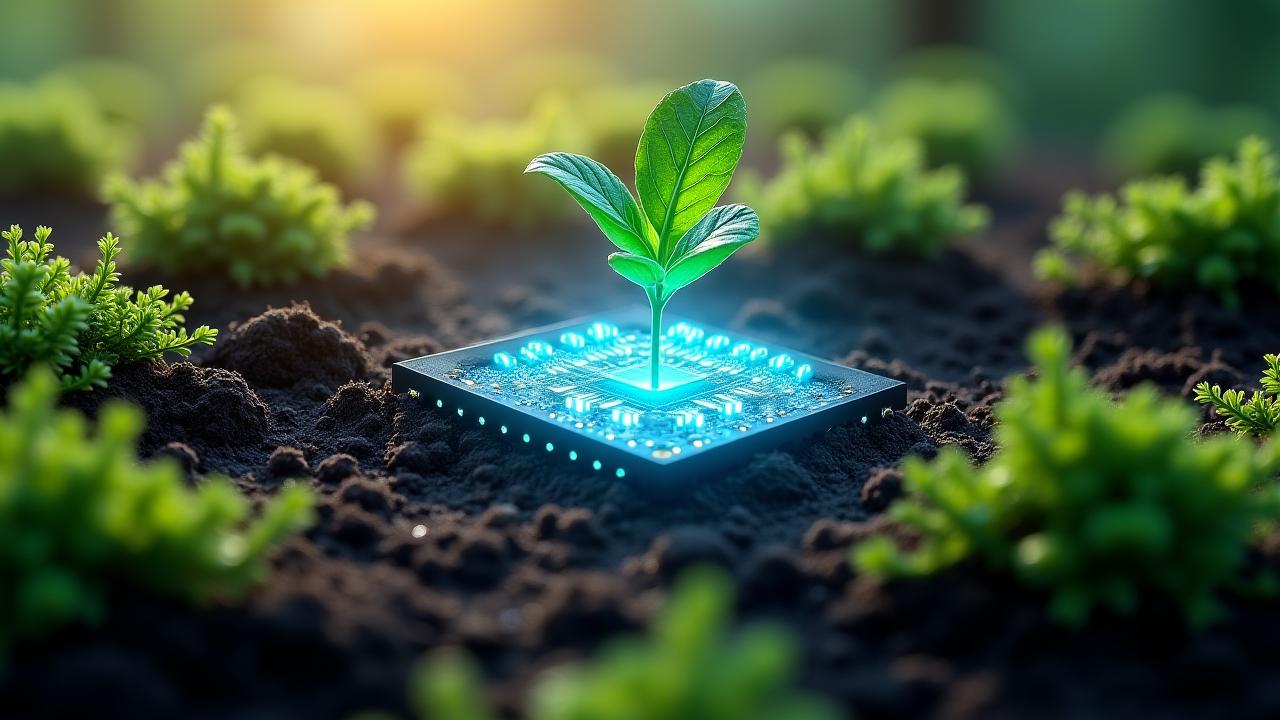 A vibrant green microchip growing out of soil, symbolizing sustainable technology and growth.