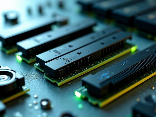 Close-up of modern, energy-efficient computer components like an SSD and RAM modules, glowing subtly.