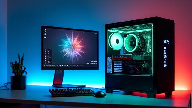 High-performance gaming PC setup with vibrant RGB lighting and an animated FPS counter displaying high numbers.