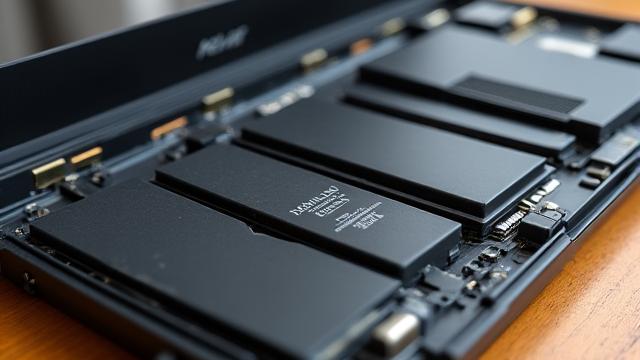 An opened laptop showing the old swollen battery next to a sleek new replacement battery.