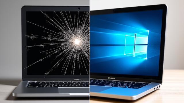 Before and after image of a laptop with a completely shattered screen repaired to look brand new.
