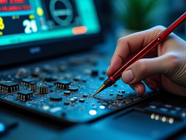 Technician using diagnostic equipment on an open laptop motherboard.