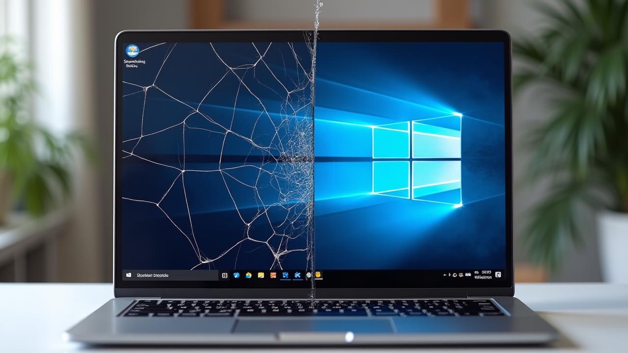 Before and after image of a laptop screen repair, showing a cracked screen next to a perfectly repaired one.