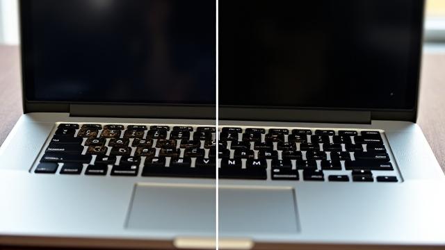 Before and after image of a laptop with several non-functional keys, replaced with a pristine new keyboard.