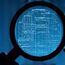 Magnifying glass over a network diagram, symbolizing security assessment