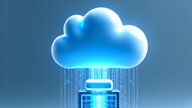Cloud storage icon with data being securely transferred, representing backup and recovery