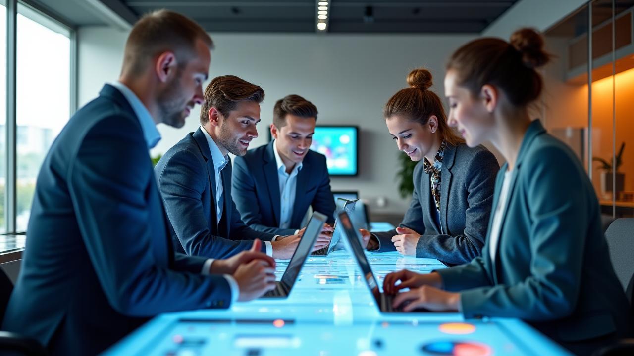 Modern office space with a diverse team collaborating around a large screen, representing efficient business IT