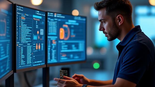 Tech Mike technician analyzing a complex diagnostic interface on a large monitor, surrounded by advanced PC components with a focused and professional demeanor.