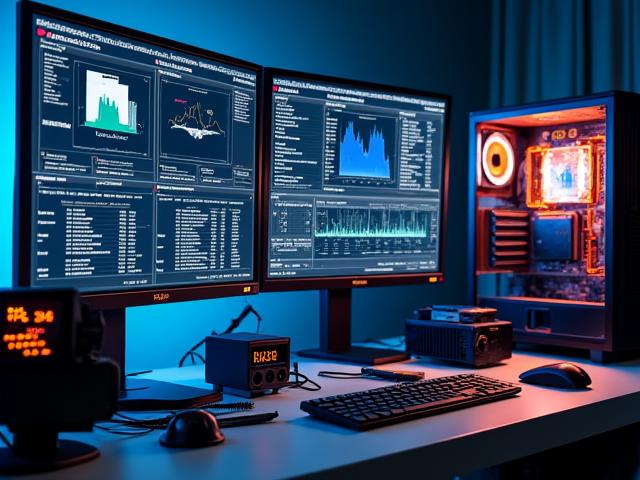 A complex, multi-monitor setup displaying various professional PC diagnostic software interfaces, showing system health, error logs, and performance metrics in an organized tech workspace.